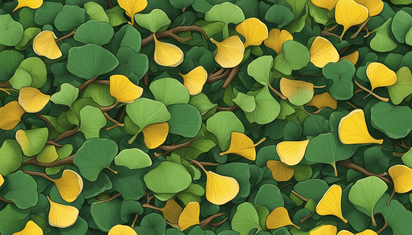 A pile of ginkgo nuts surrounded by green leaves and a few fallen branches on the forest floor