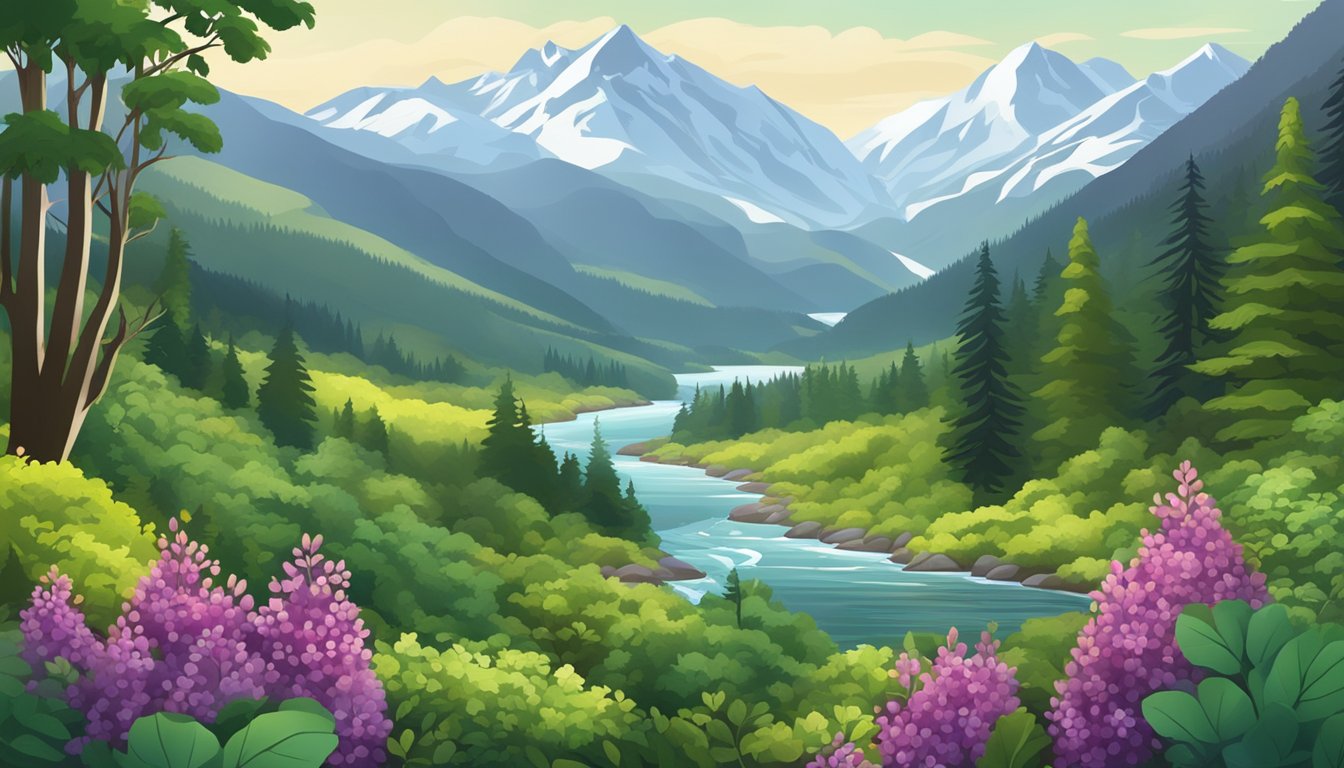 A lush forest with huckleberry bushes and diverse plant life, surrounded by a flowing river and snow-capped mountains in the background