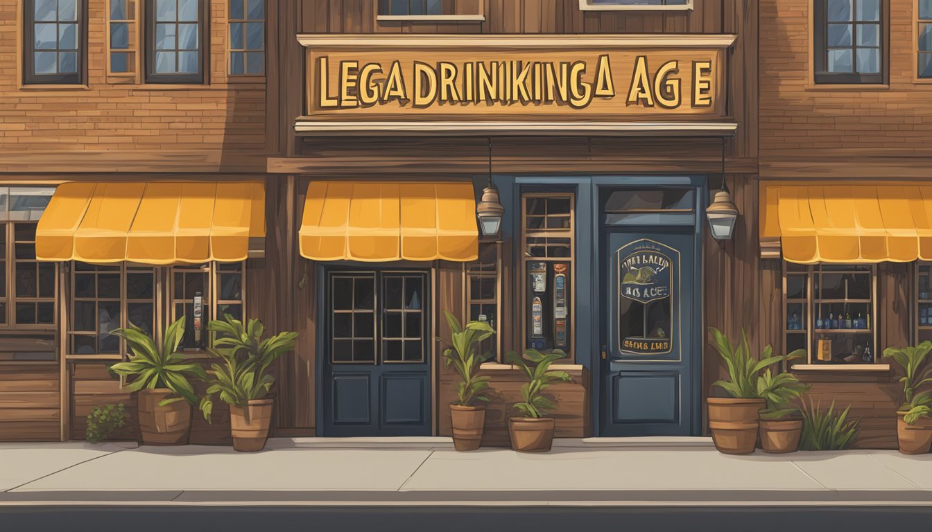 A sign outside a Texas bar with "Legal Drinking Age 21" displayed prominently