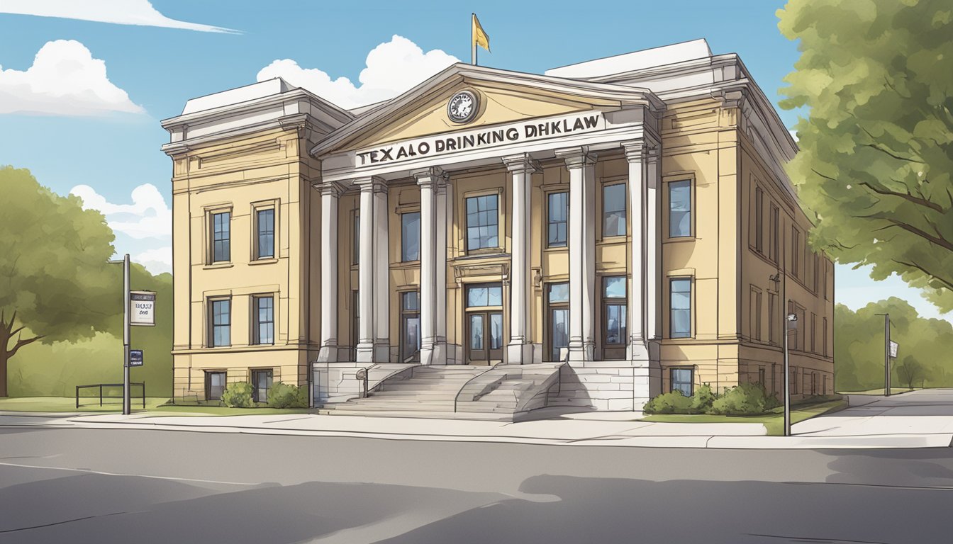 A courthouse exterior with a sign displaying "Otley County Texas Alcohol and Drinking Laws" prominently