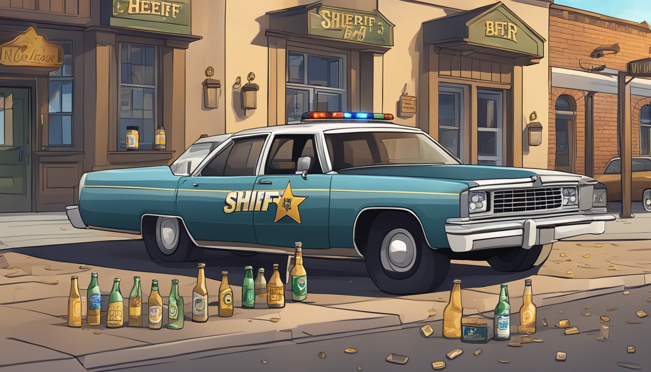 A sheriff's car parked outside a bar with a "No Alcohol" sign. Empty beer bottles scattered on the ground