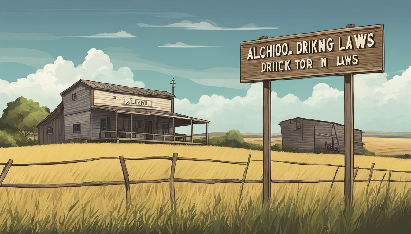 A rural landscape in Parker County, Texas, with a sign displaying alcohol and drinking laws