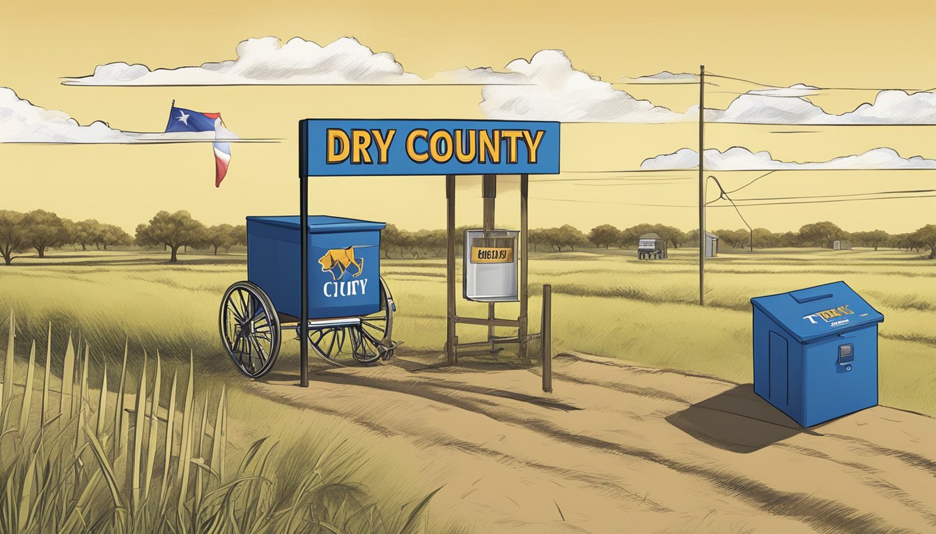 A rural Texas county with "Dry County" signs and a local option election ballot box