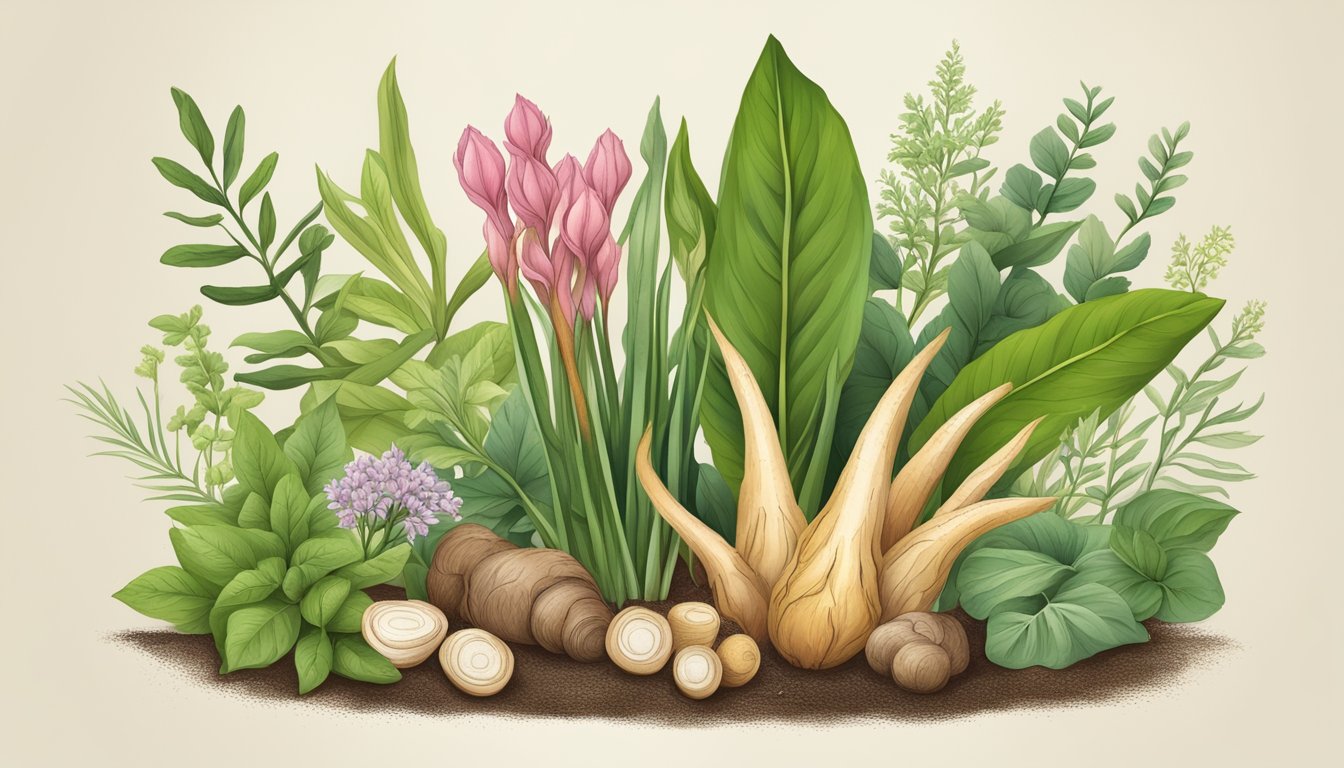 A colorful botanical illustration of galangal root surrounded by various herbs and plants, with a caption highlighting its health benefits and potential side effects