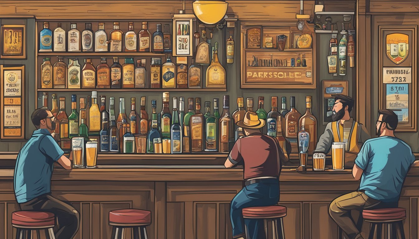 People drinking at a bar in Nolan County, Texas. Signs display the hours of alcohol sale and consumption