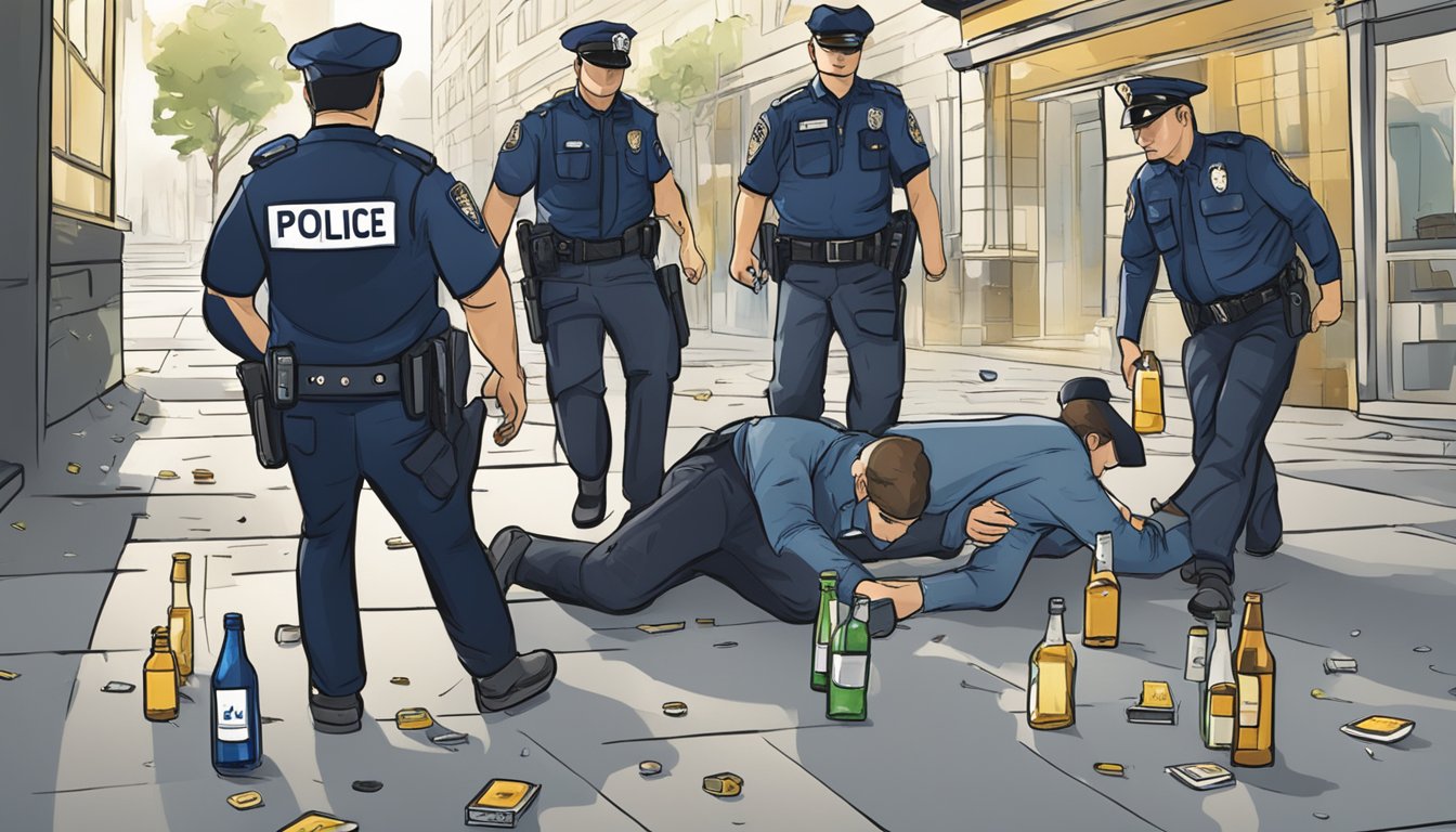 A person being escorted by police from a public area, with alcohol bottles scattered on the ground