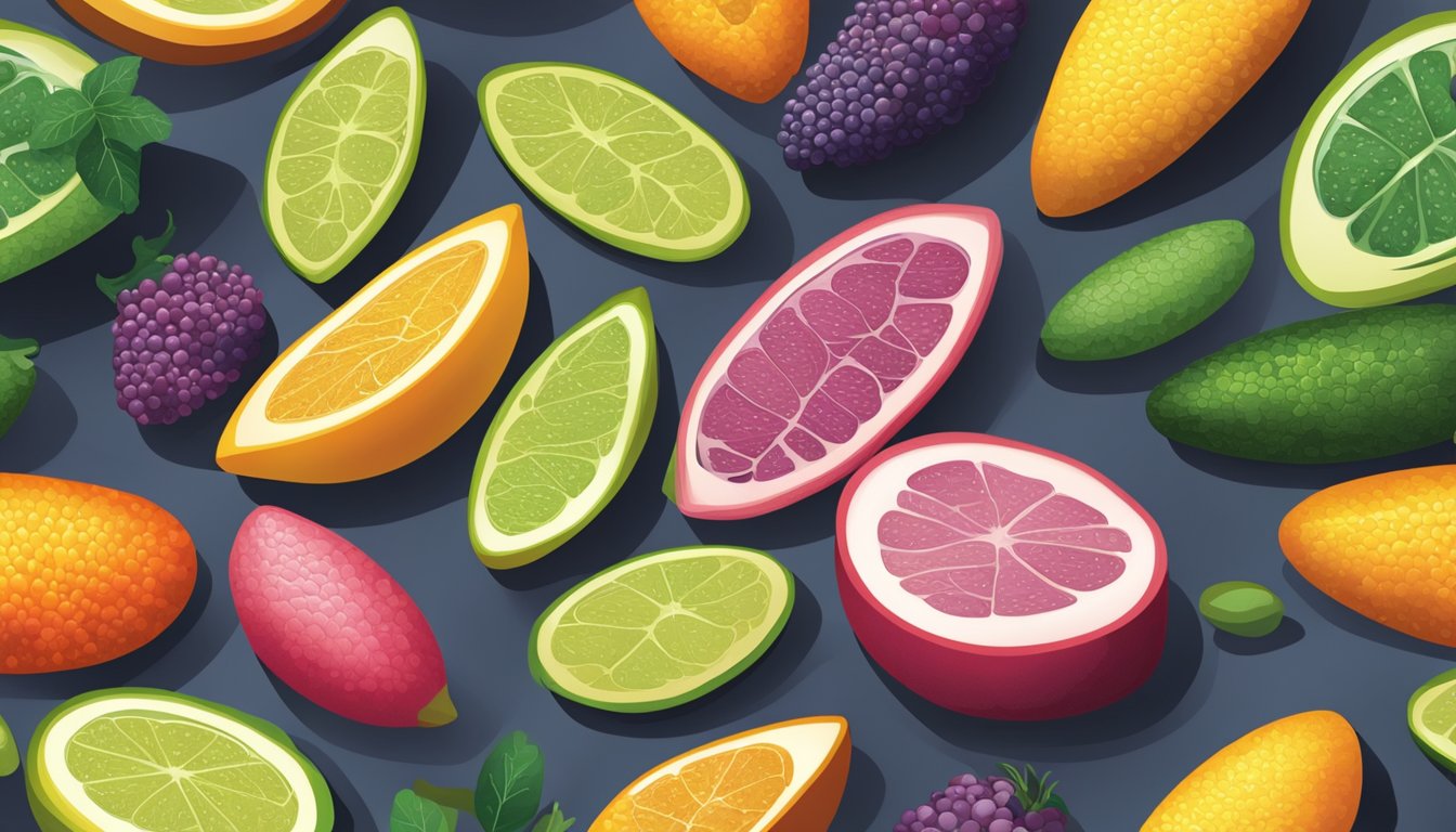 A colorful array of finger limes displayed next to a variety of fruits and vegetables, with a bright spotlight highlighting their unique shape and texture