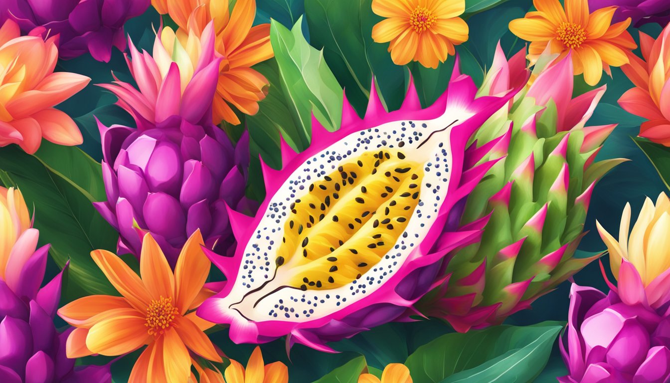 A vibrant pitaya fruit surrounded by colorful flowers and glowing with a radiant, healthy glow