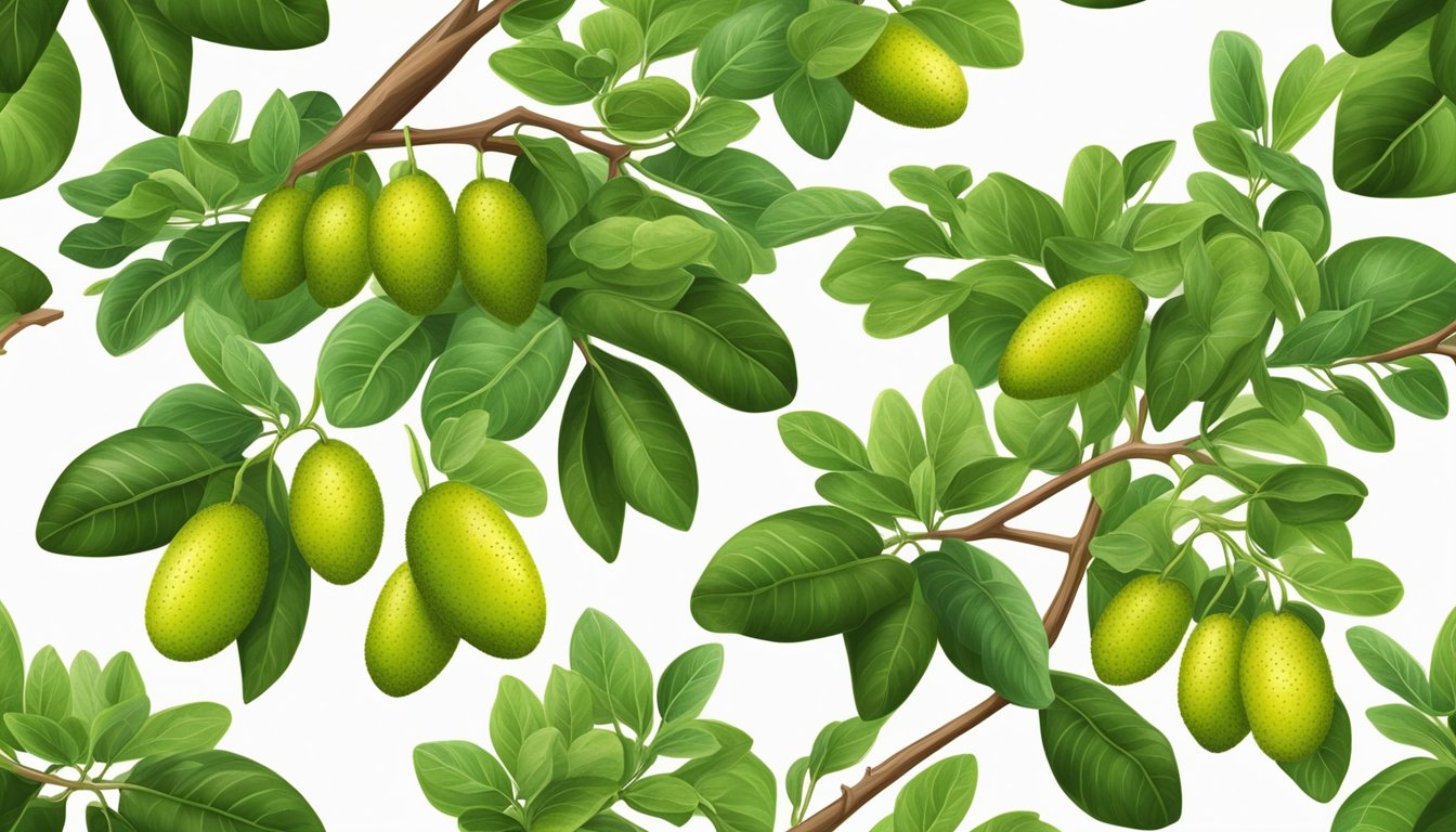 Finger lime tree with ripe fruit hanging from branches, surrounded by green leaves