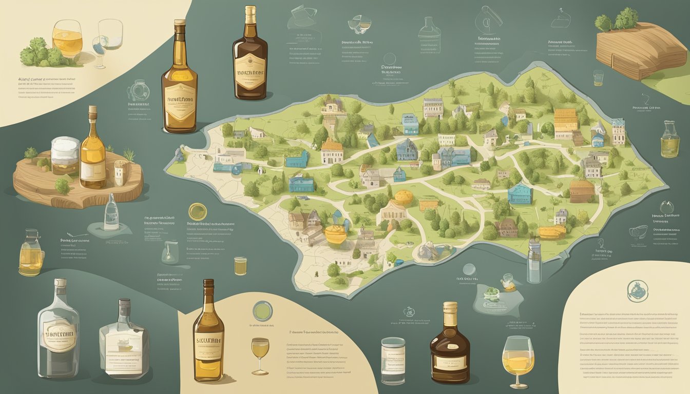 A county map with highlighted areas, a bottle of alcohol, and a set of regulations displayed prominently