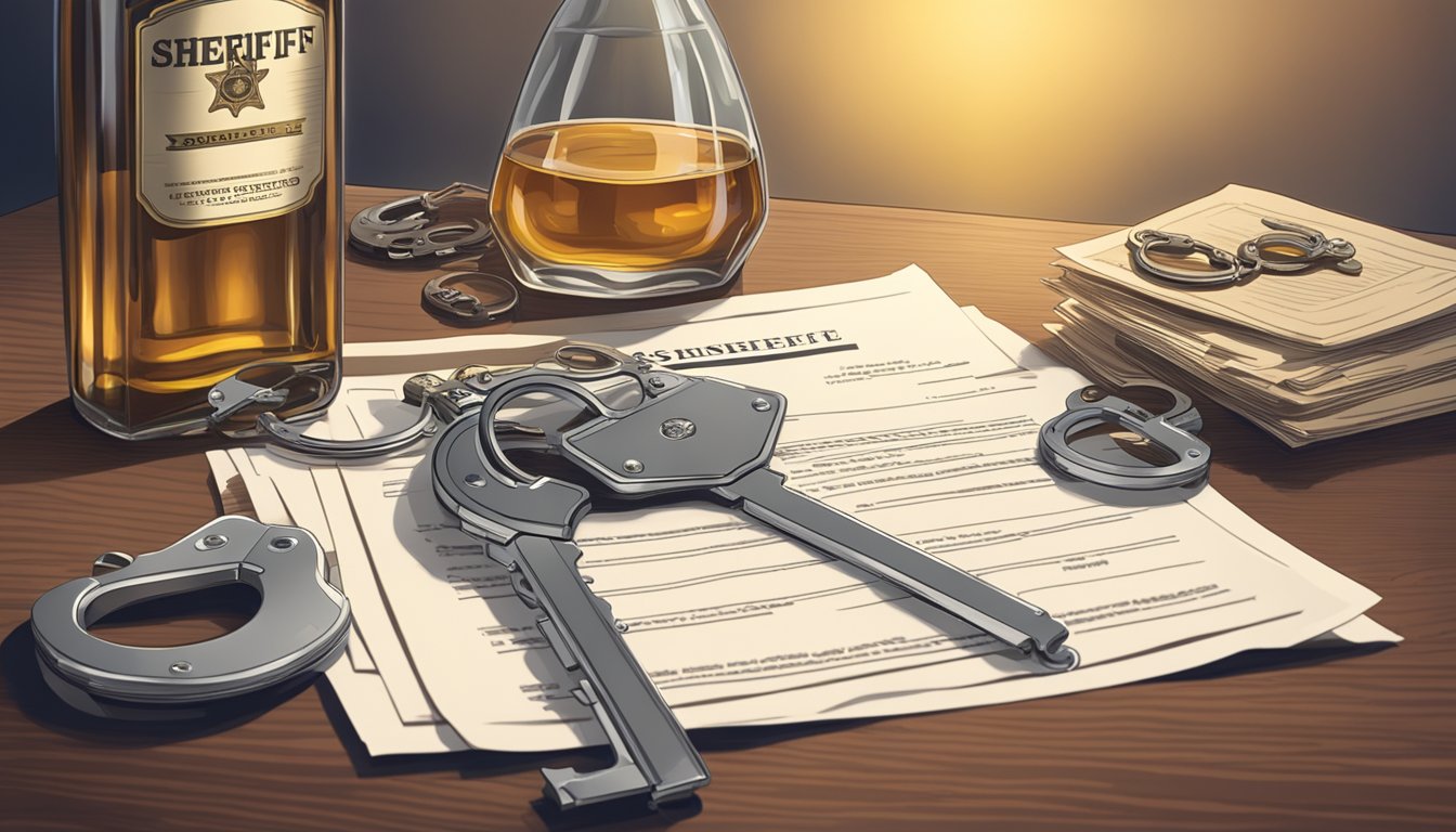 A sheriff's badge and handcuffs on a table next to a stack of legal documents and a bottle of alcohol