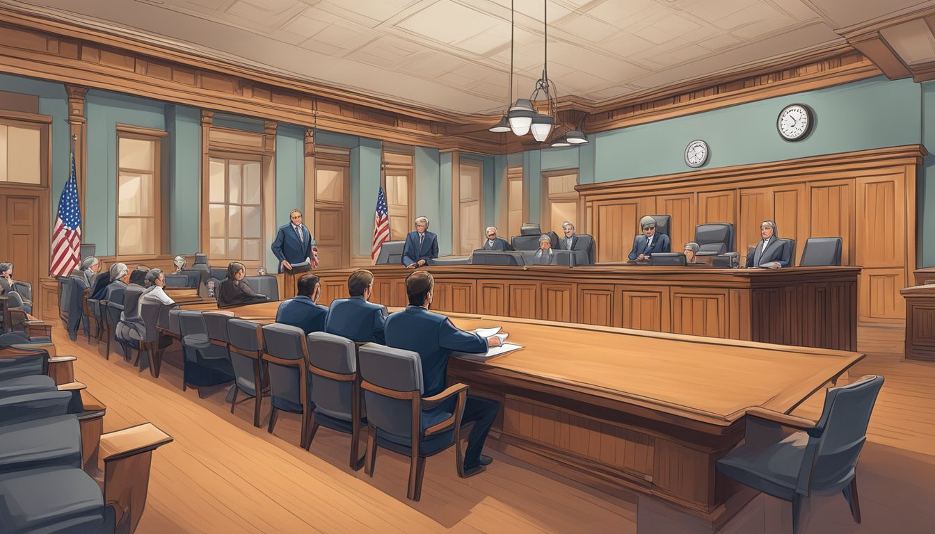 A courtroom in Nacogdoches County, Texas, with a judge presiding over a legal proceeding related to alcohol and drinking laws