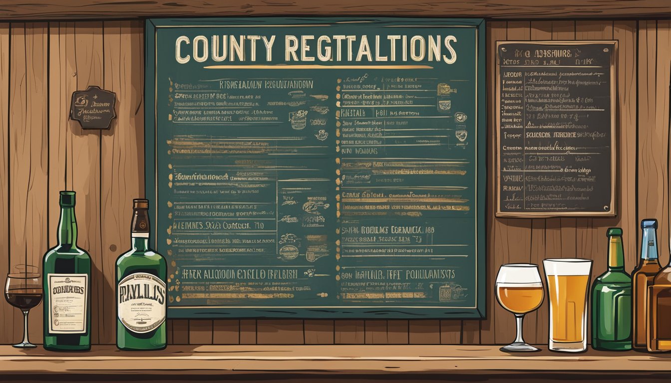 A rustic sign outside a bar, with a list of county-specific alcohol regulations posted next to it