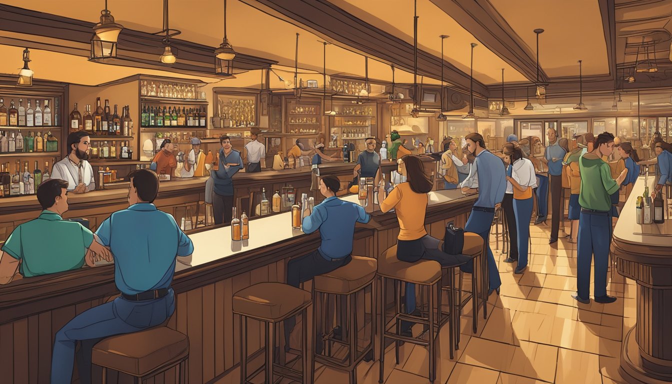 A bustling bar scene with customers ordering drinks and bartenders serving alcohol in compliance with Orange County, Texas alcohol laws