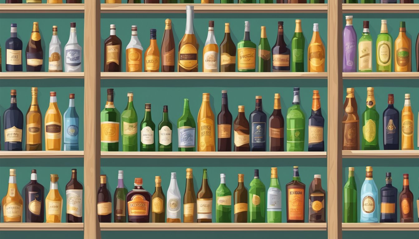 A store shelf stocked with various bottles of alcoholic beverages