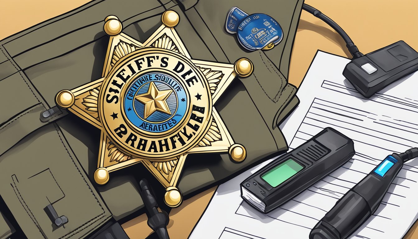 A sheriff's badge pinned to a uniform, a hand holding a breathalyzer, and a stack of legal documents