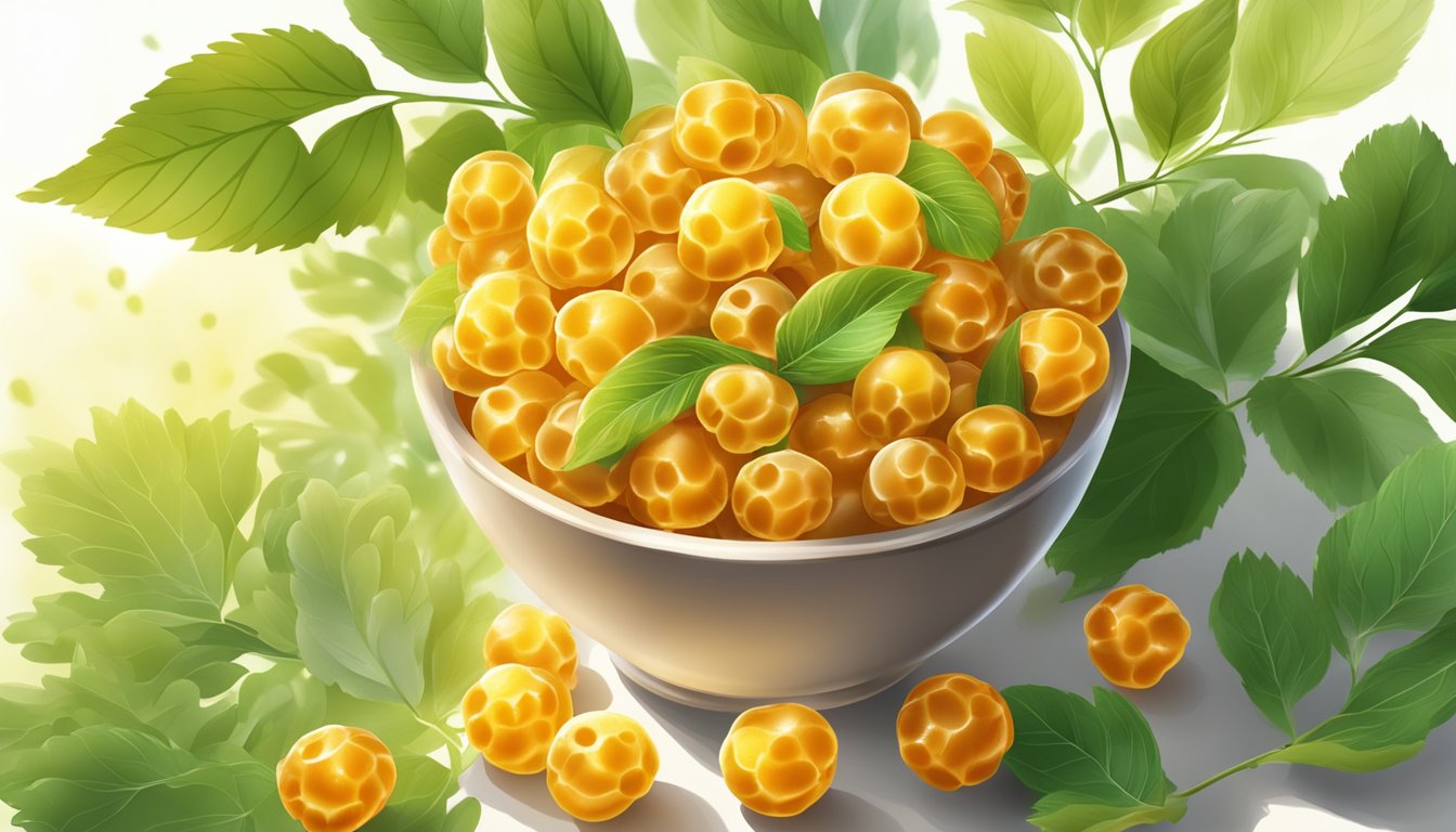 A bowl of golden berries surrounded by fresh green leaves and sunlight streaming in, showcasing their vibrant color and potential health benefits