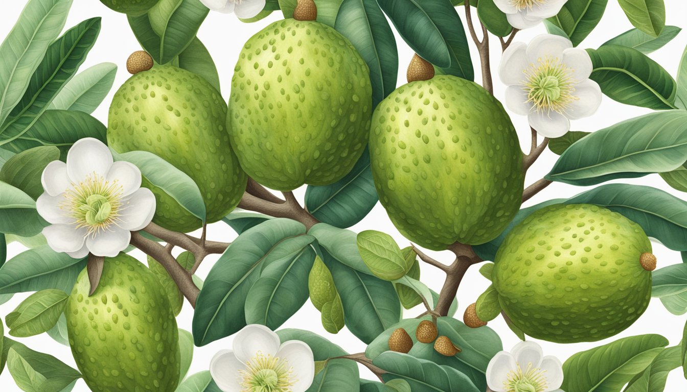 A lush feijoa tree surrounded by vibrant botanicals, highlighting the fruit's health benefits