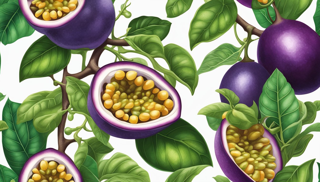 A vibrant passion fruit vine with lush green leaves and purple fruit hanging from the tendrils