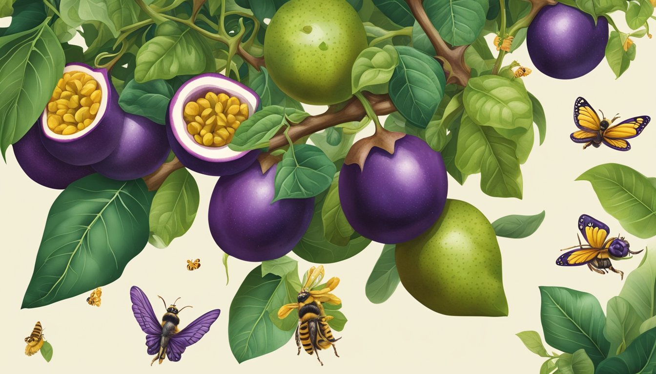 A vibrant passion fruit vine with lush green leaves and hanging purple fruit, surrounded by buzzing bees and butterflies