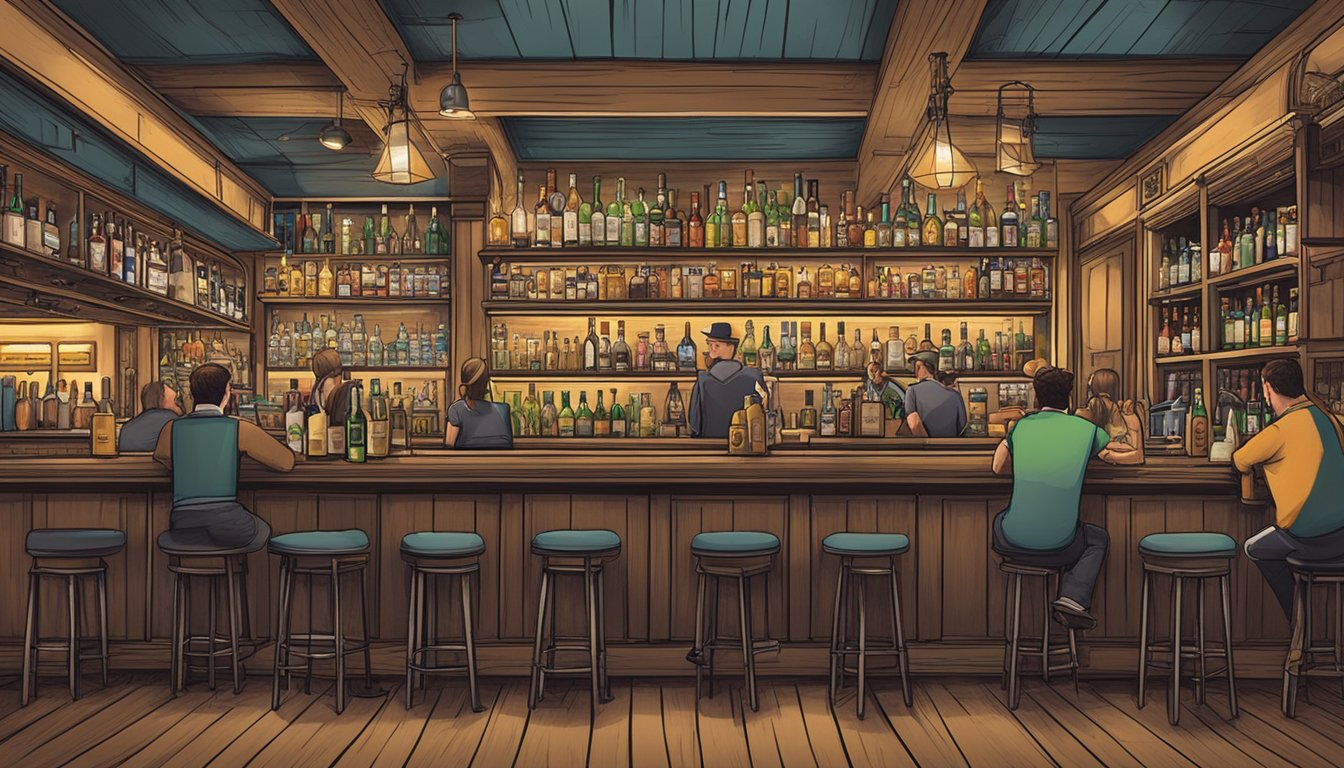 A bustling bar in Nueces County, Texas, with shelves of various alcoholic beverages and patrons enjoying drinks