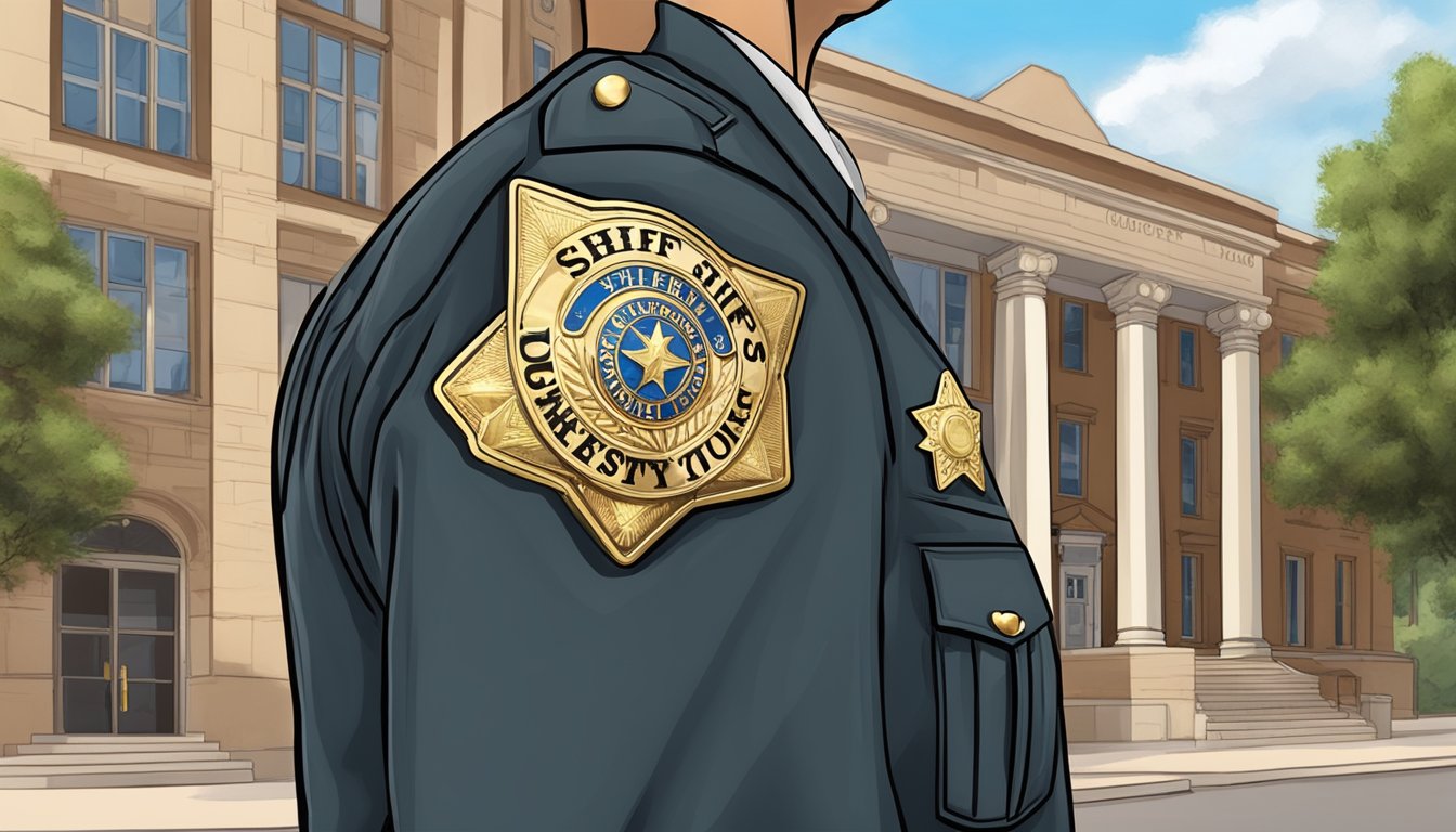 A sheriff's badge pinned to a uniform in front of a courthouse in Mills County, Texas