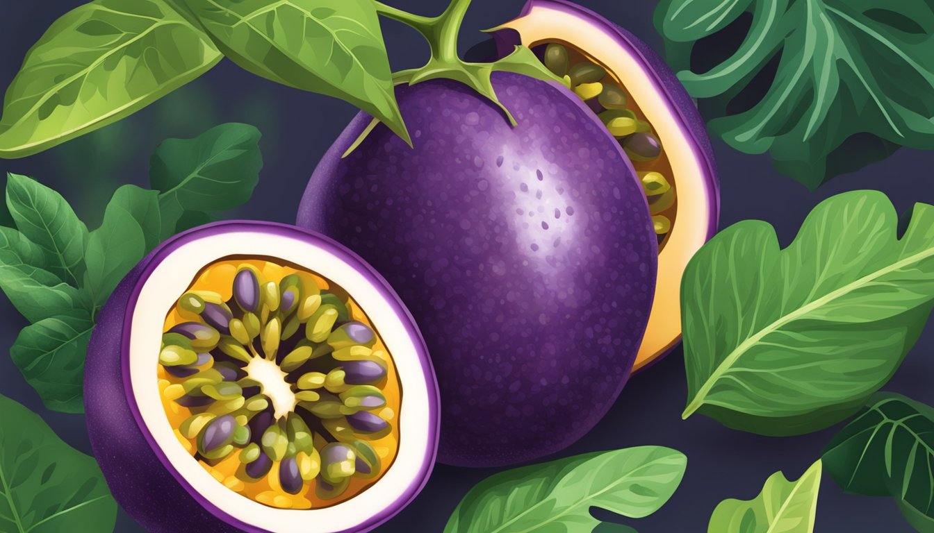 A ripe passion fruit surrounded by vibrant green leaves, with its purple skin and juicy interior, representing the health benefits of this tropical fruit