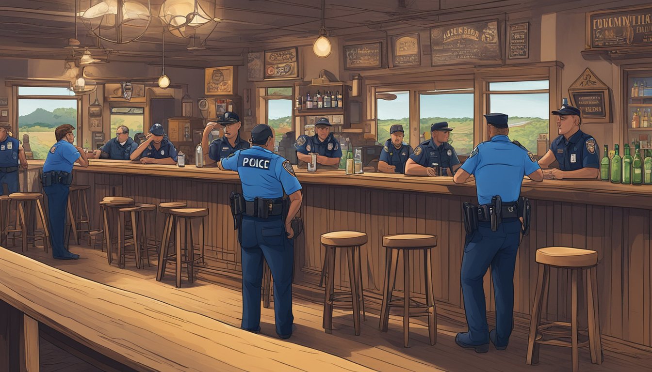 People drinking at a bar in Mills County, Texas, with police officers monitoring the area for public safety