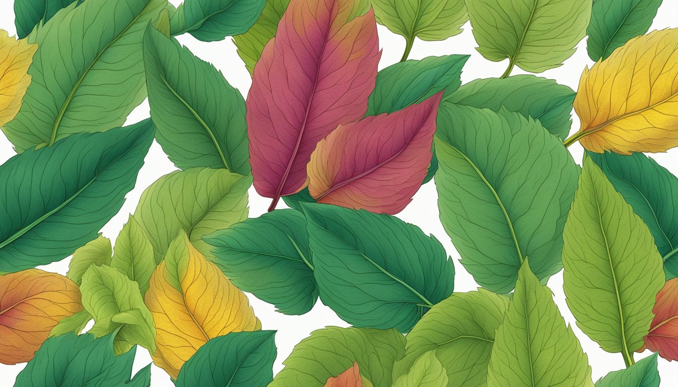 A close-up of vibrant perilla leaves with detailed labels of its nutritional profile and chemical composition