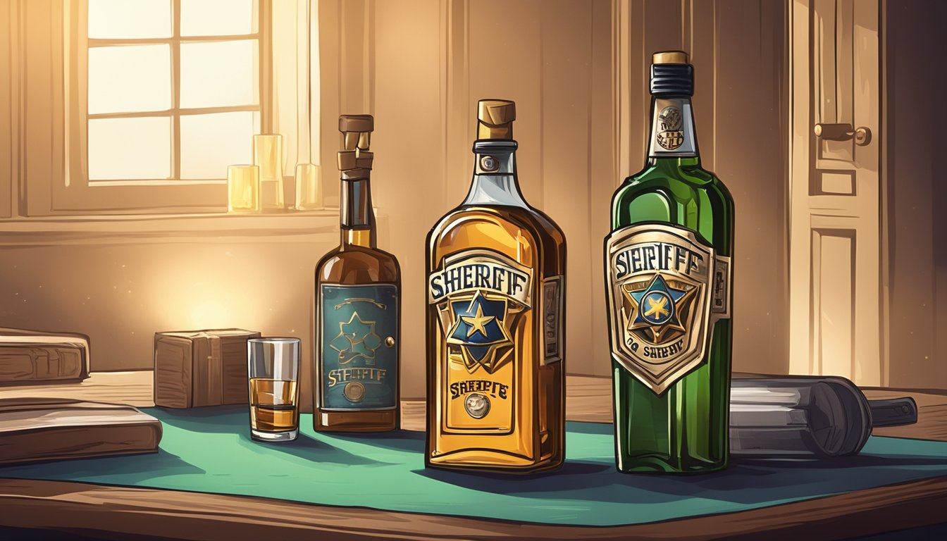 A sheriff's badge and a bottle of alcohol on a table in a dimly lit room