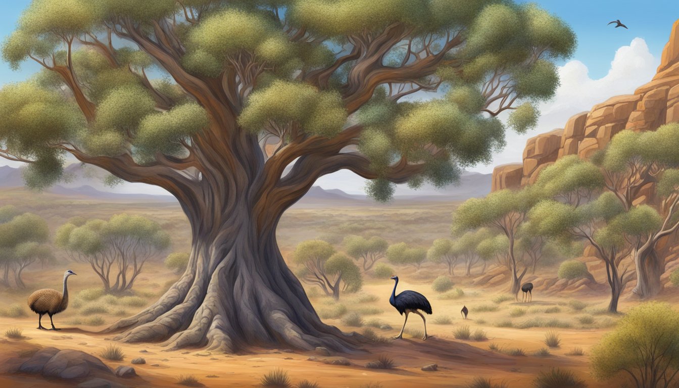 An emu apple tree surrounded by diverse wildlife in the Australian outback, highlighting its cultural and historical significance