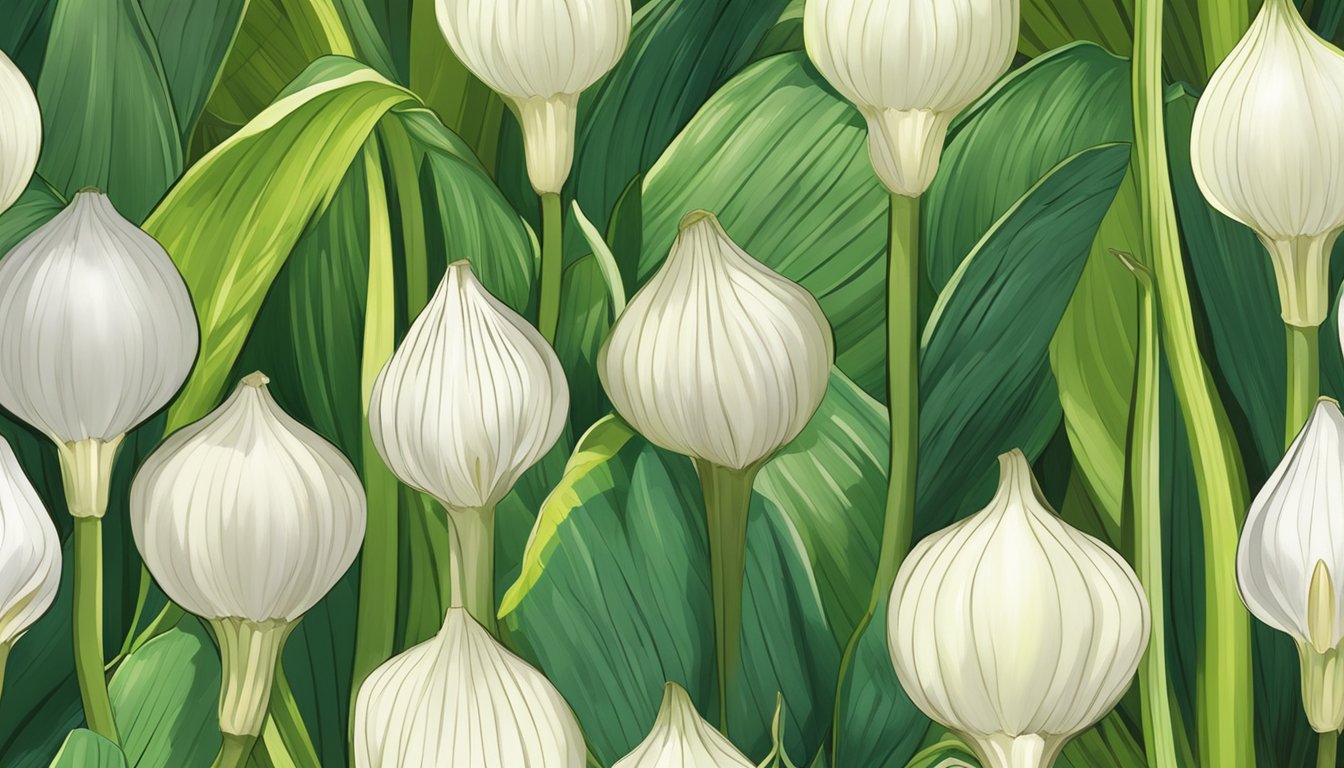 A close-up of elephant garlic bulbs surrounded by vibrant green leaves, with rays of sunlight highlighting their large size and robust shape