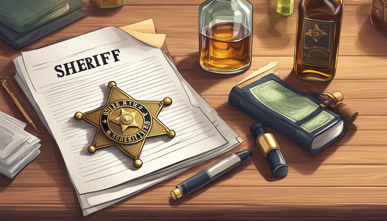 A sheriff's badge on a wooden desk, next to a stack of legal documents and a bottle of alcohol