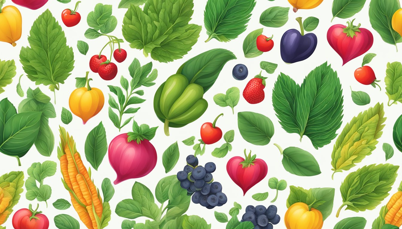 A vibrant illustration of perilla leaves surrounded by symbols of health and wellness, such as a heart, fruits, and vegetables, to depict the health benefits of perilla leaves