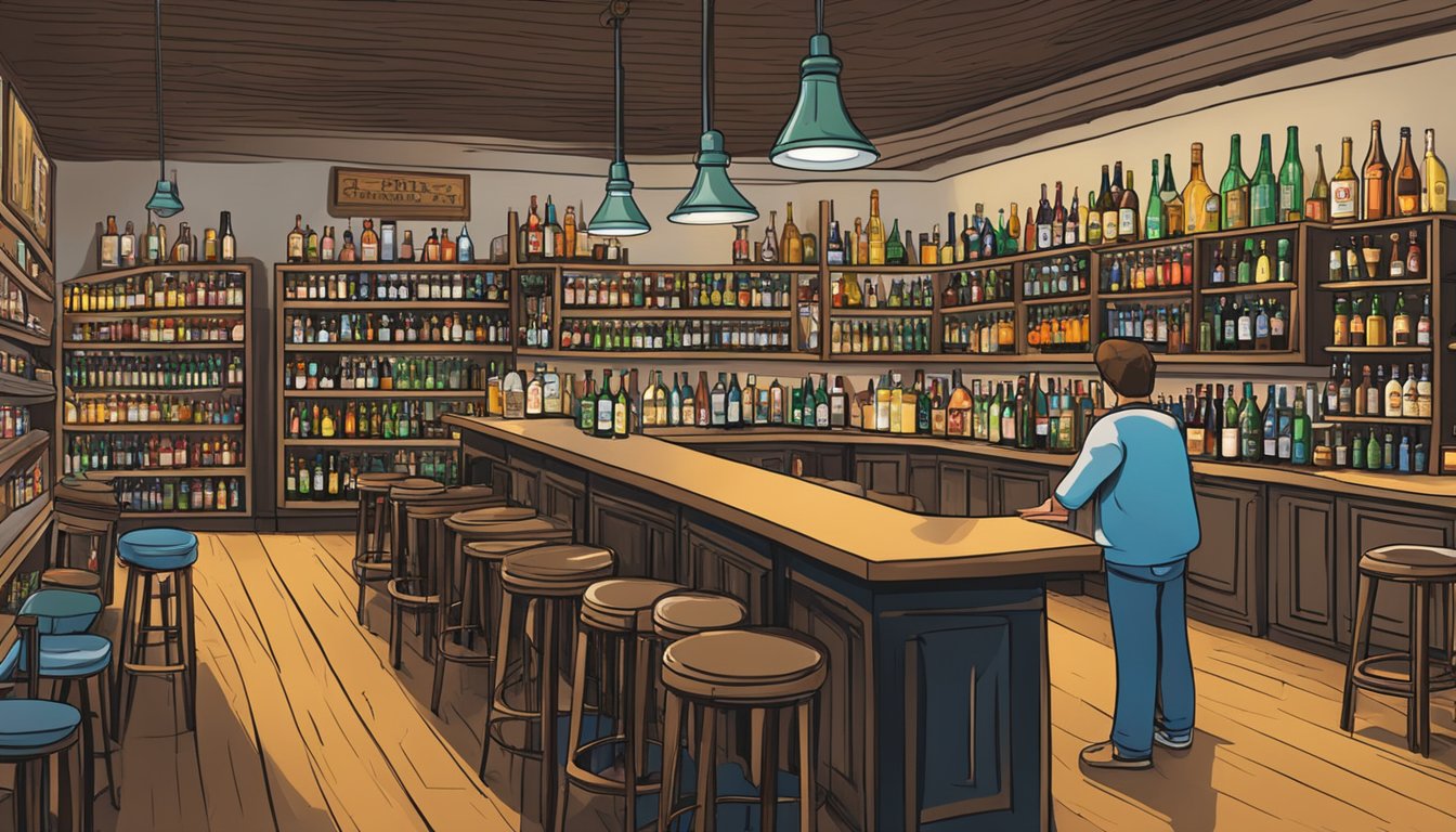 A bustling bar in Moore County, Texas, with shelves stocked full of various alcoholic beverages