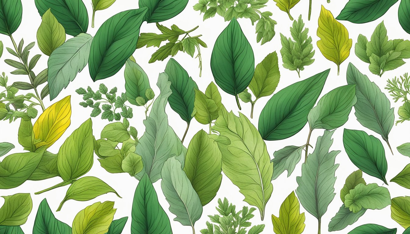 A vibrant illustration of perilla leaves surrounded by other herbs, highlighting their health benefits through visual comparison