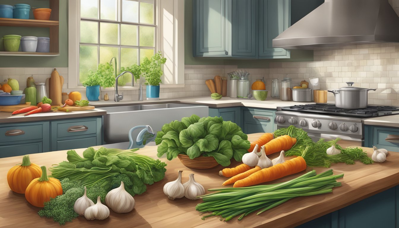 A vibrant kitchen scene with elephant garlic bulbs, fresh herbs, and colorful vegetables, highlighting the health benefits of the ingredient