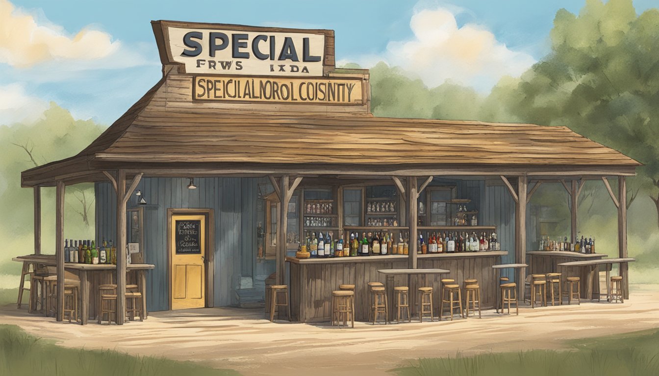 A rustic bar in Menard County, Texas, with a "Special Provisions" sign and a strict no-alcohol policy displayed prominently