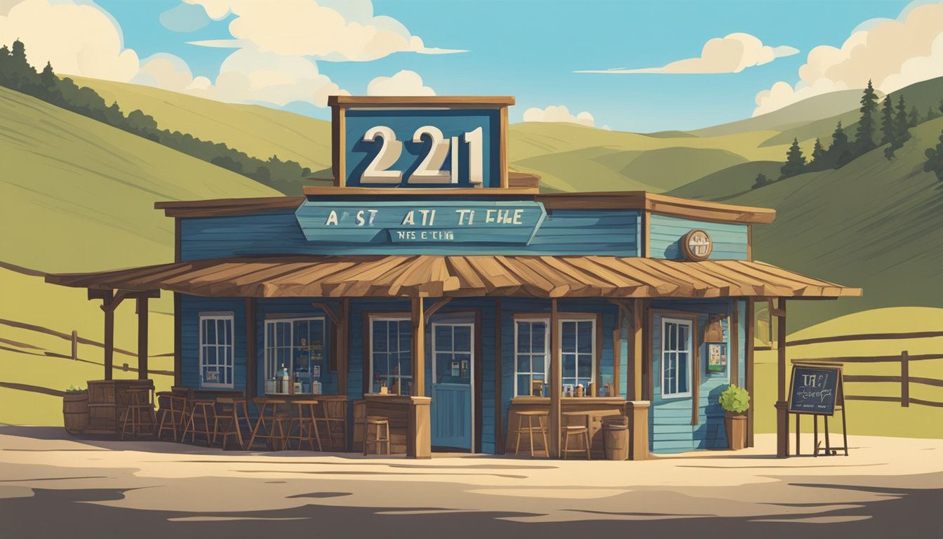 A rustic bar with a sign displaying "21+" at the entrance, surrounded by rolling hills and a clear blue sky