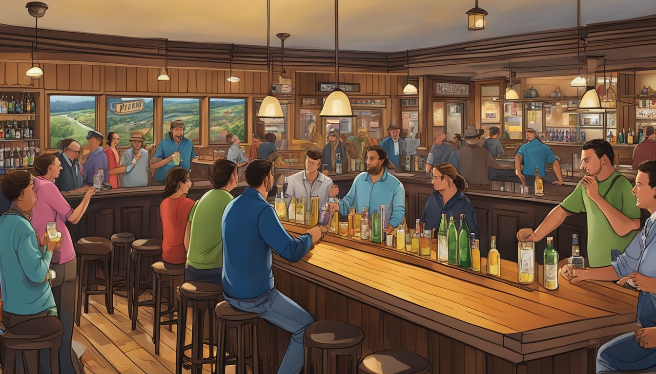 A bustling bar scene in Navarro County, Texas, with patrons enjoying drinks and socializing, while bartenders serve alcohol in compliance with local laws