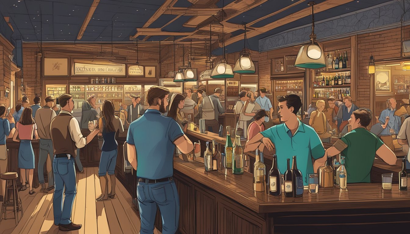 A bustling bar scene with people enjoying drinks, while a sign outside advertises "Moore County Texas Alcohol and Drinking Laws."