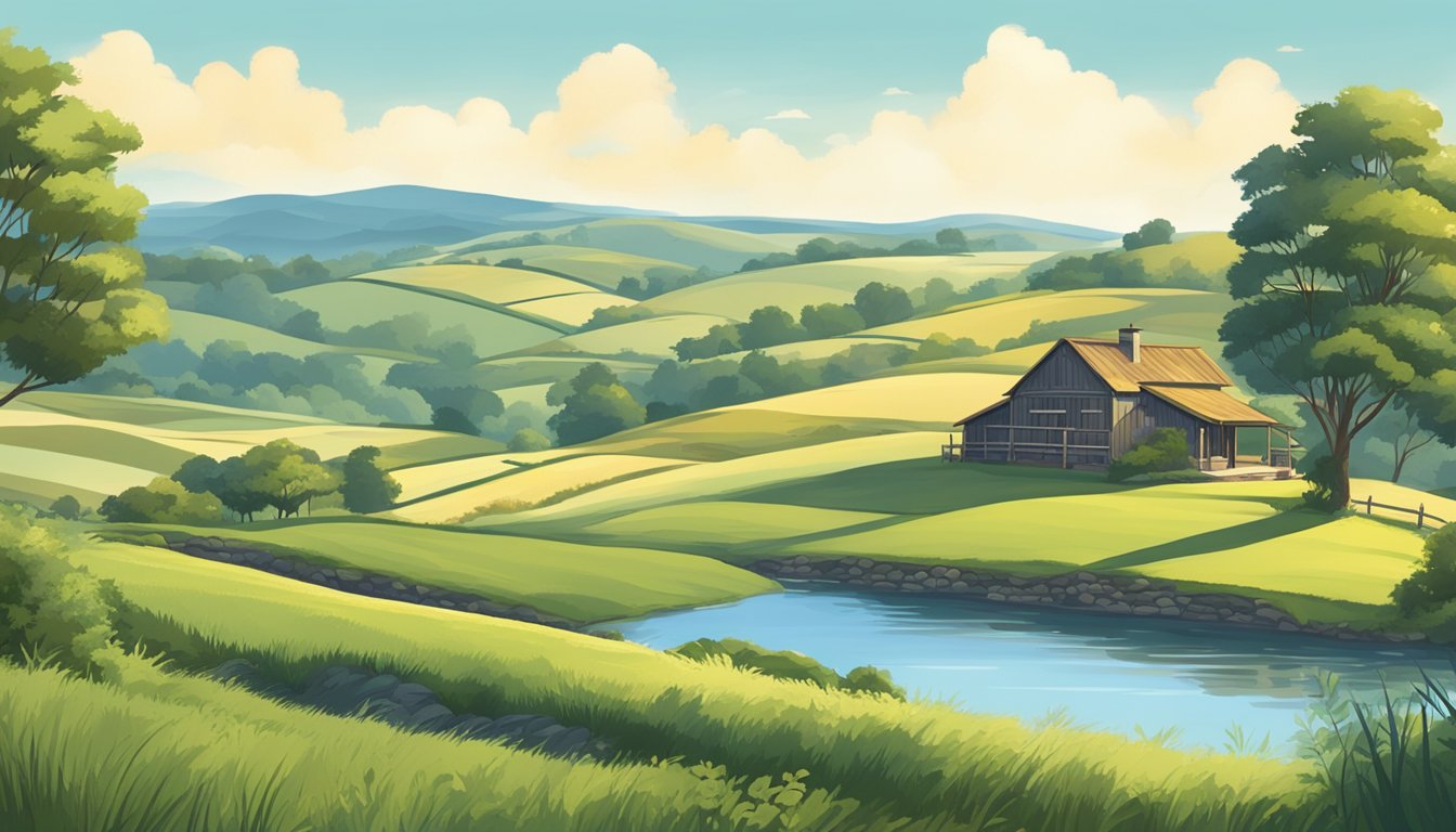 A serene countryside setting with a clear blue sky and rolling hills, perhaps with a subtle indication of a bar or tavern in the distance