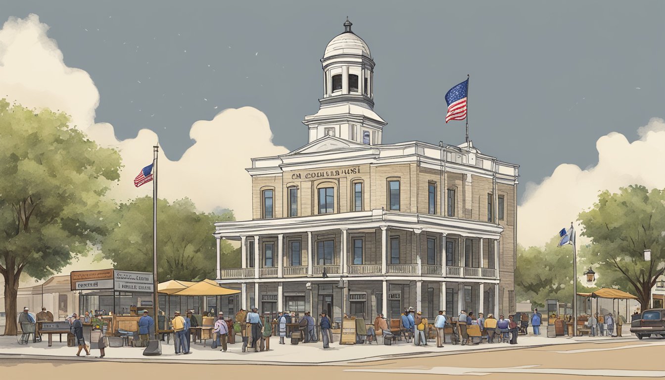 A bustling town square with a courthouse and a sign displaying alcohol laws in McCulloch County, Texas