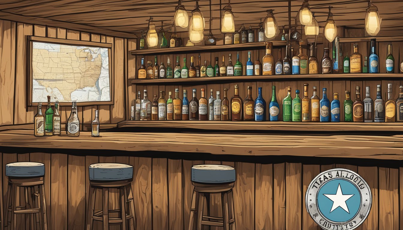 A rustic bar with bottles and glasses, a sign displaying Texas Alcoholic Beverage Code Compliance, and a map of Navarro County, Texas