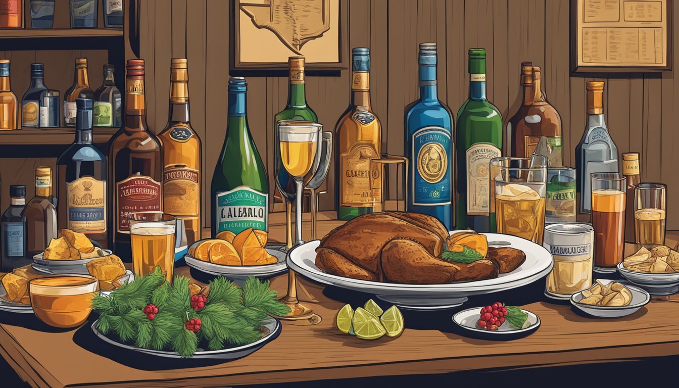 A festive holiday table with various alcoholic beverages and a sign displaying local alcohol laws in Navarro County, Texas