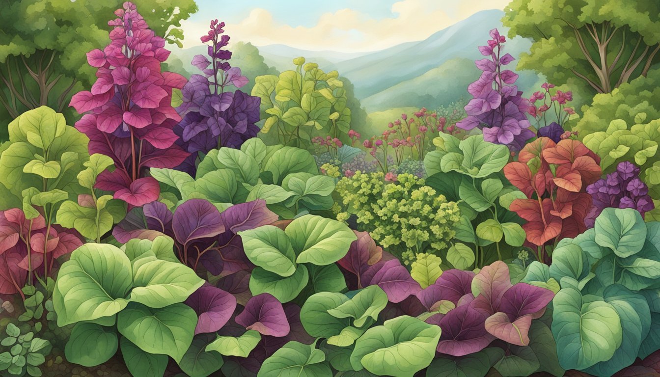 A bountiful garden of vibrant orach plants, with their distinct red and green leaves, surrounded by a diverse array of medicinal herbs and plants