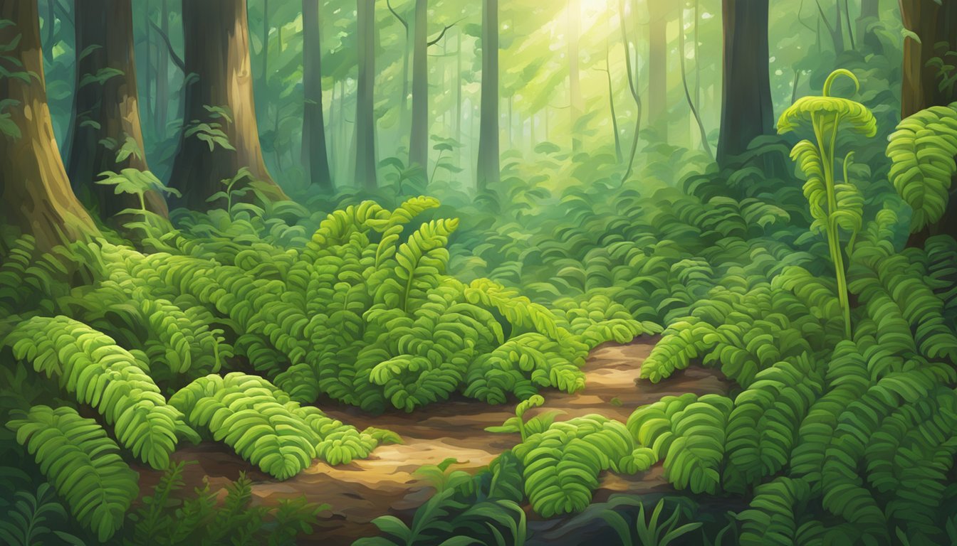 A lush forest floor with vibrant green fiddlehead ferns unfurling in the sunlight, surrounded by a diverse array of plant life