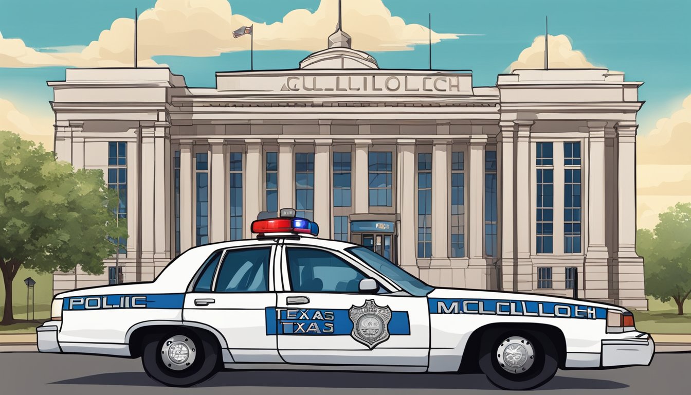 A police car parked outside a courthouse, with a sign displaying "Mcculloch County Texas Alcohol and Drinking Laws" prominently