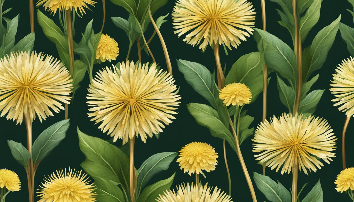 A vibrant dandelion plant with deep green leaves and golden flowers, its roots extending into the rich, dark soil