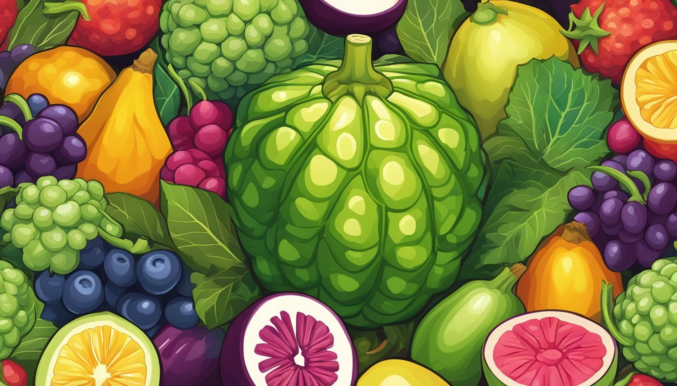 A vibrant noni fruit surrounded by a variety of other colorful fruits and vegetables, with a glowing halo of light around it